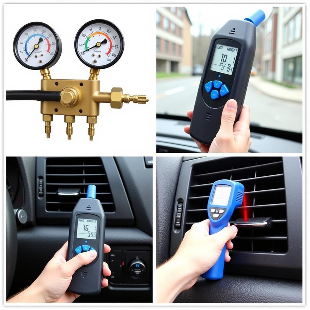 Car HVAC Diagnostic Tools: Manifold Gauge Set, Leak Detector, and Thermometer