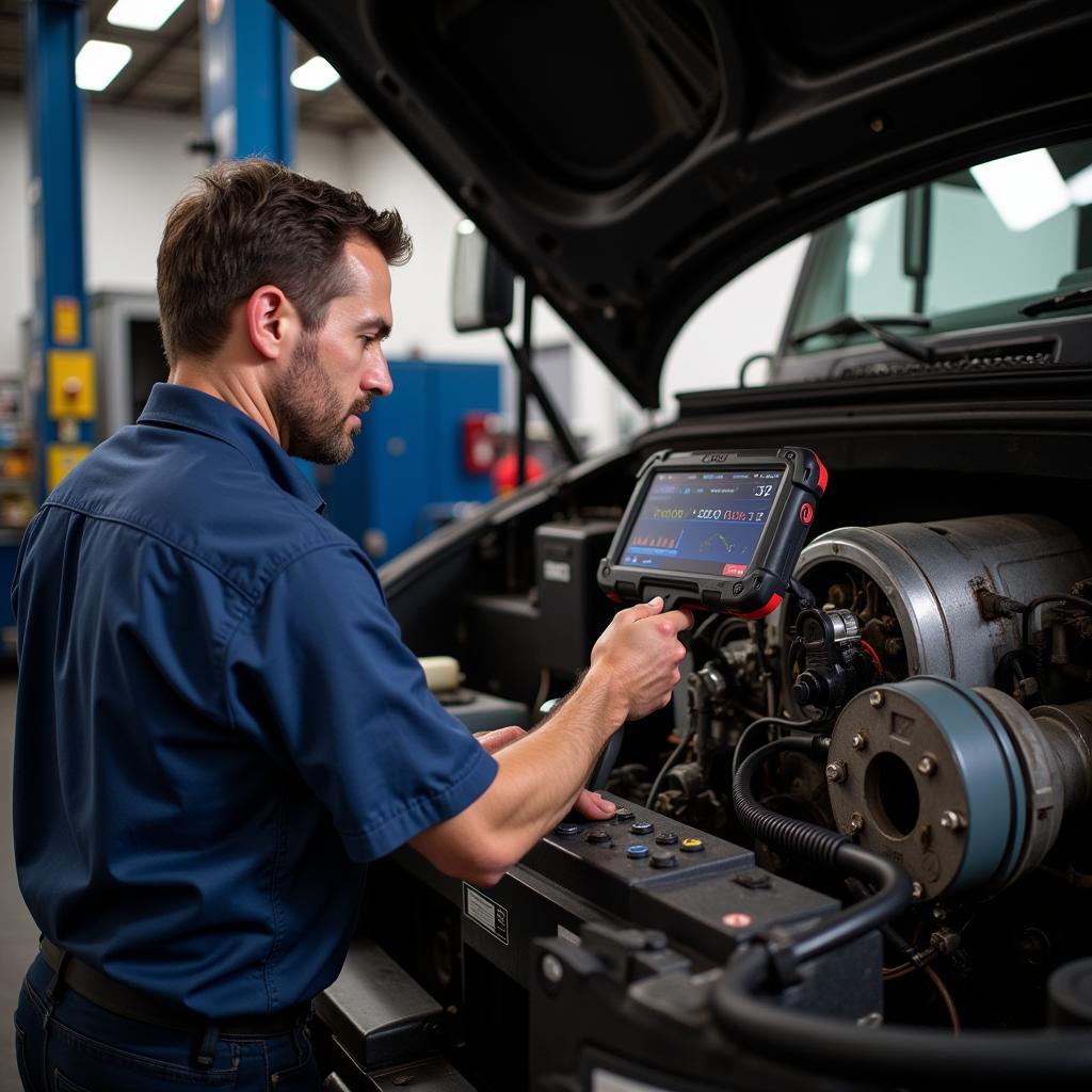 Mechanic using Cat Class 8 scan tool