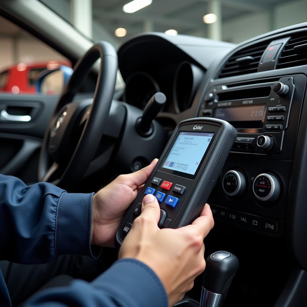 Mechanic using a computer memory scan tool