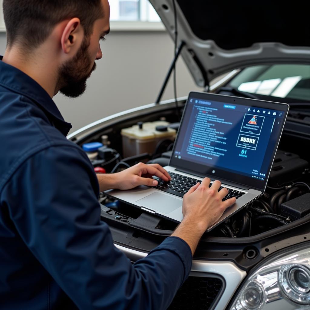 Mechanic using computer repair software diagnostics tools