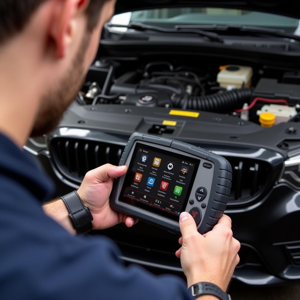 Mechanic using a diagnostic tool