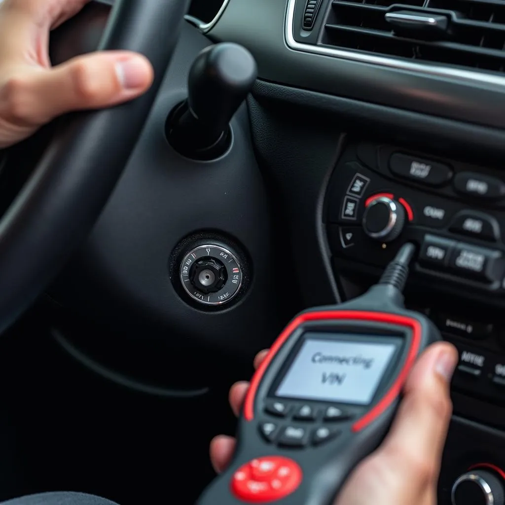 Mechanic connecting a diagnostics scan tool to a car's OBD-II port