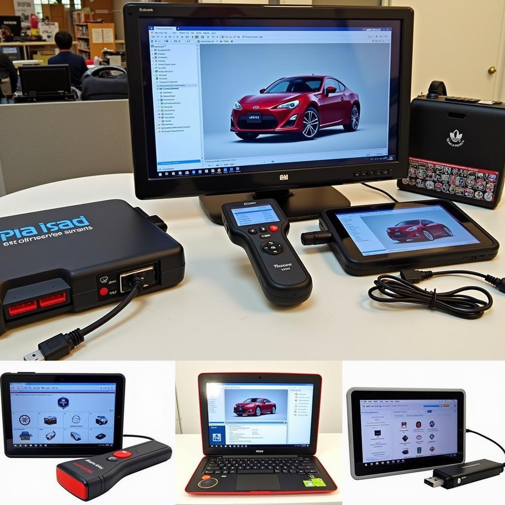 Various Japan car diagnostic tools on a workbench