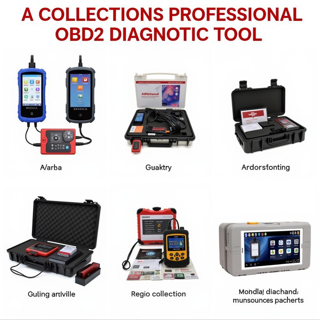 Various professional OBD2 diagnostic tools on display