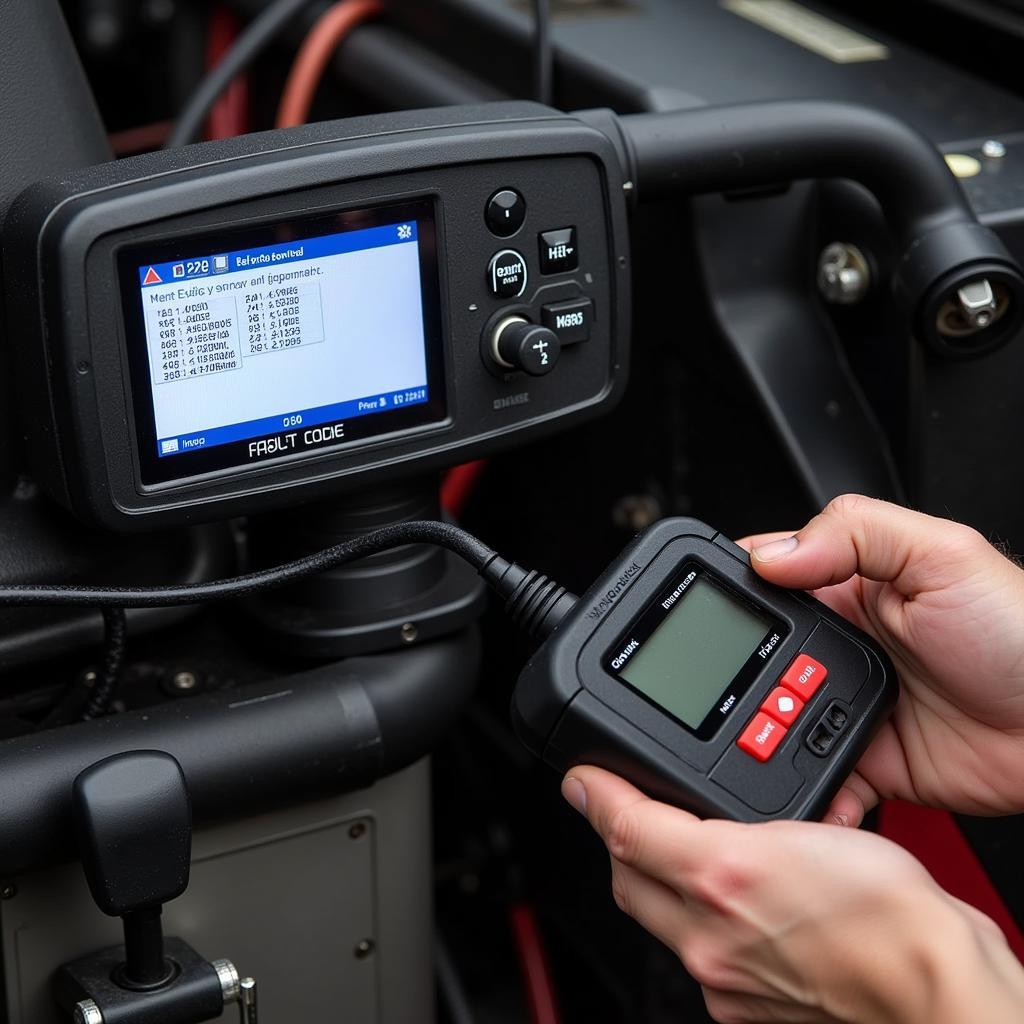 Evinrude Diagnostic Tool connected to an outboard motor