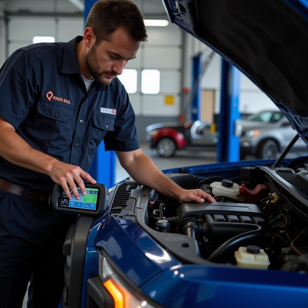 Mechanic using a Ford diagnostics tool