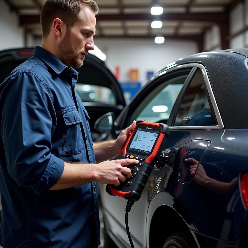 Mechanic using a Foxwell MN scanner to diagnose a car problem