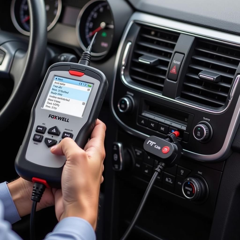 Foxwell NT201 OBD2 Scanner connected to a car's OBD2 port