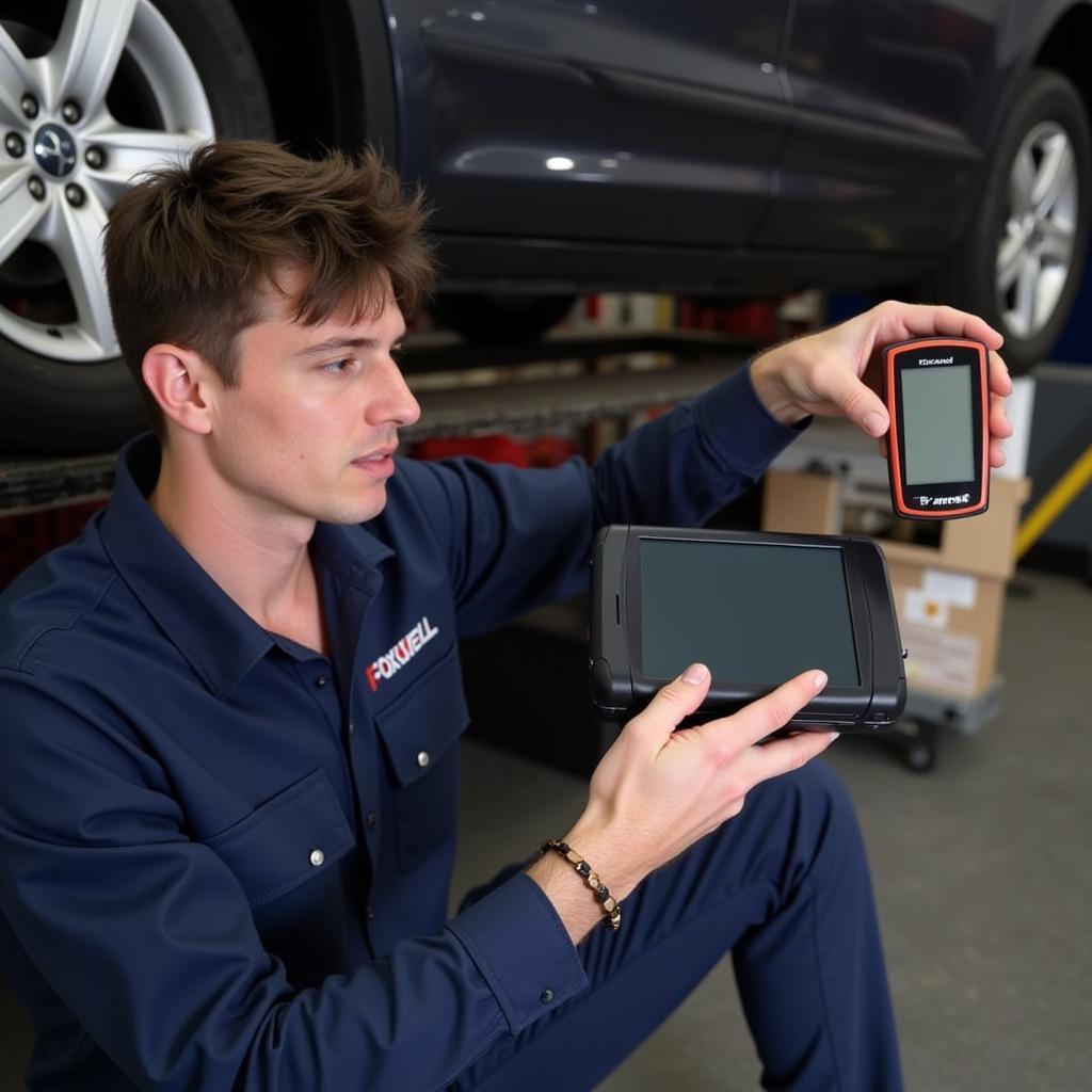 Mechanic Holding Foxwell NT421 Scanner