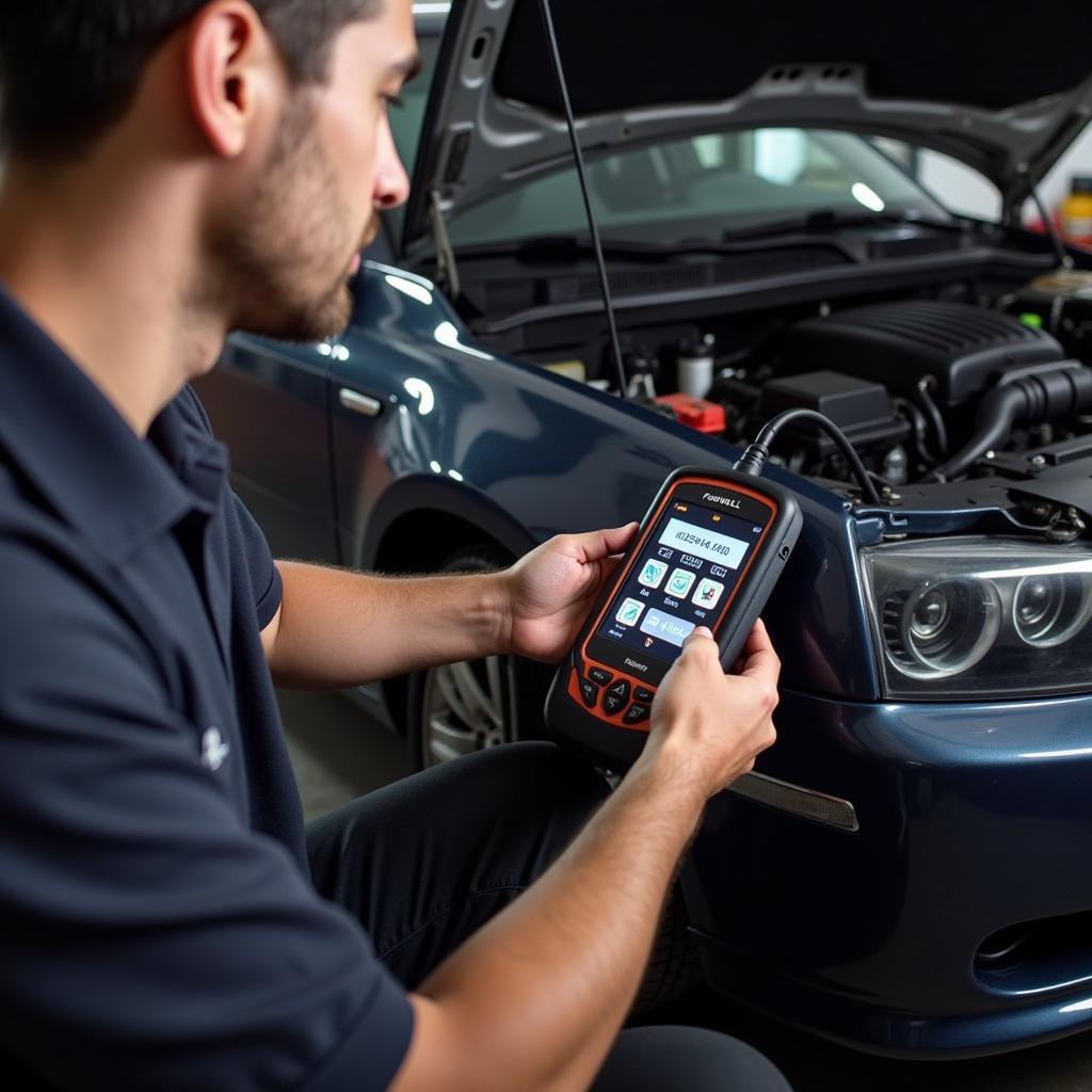 Foxwell NT624 Diagnosing Car Issues in a Garage