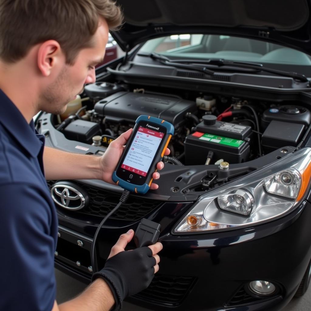 Mechanic using a Foxwell scanner to diagnose a car