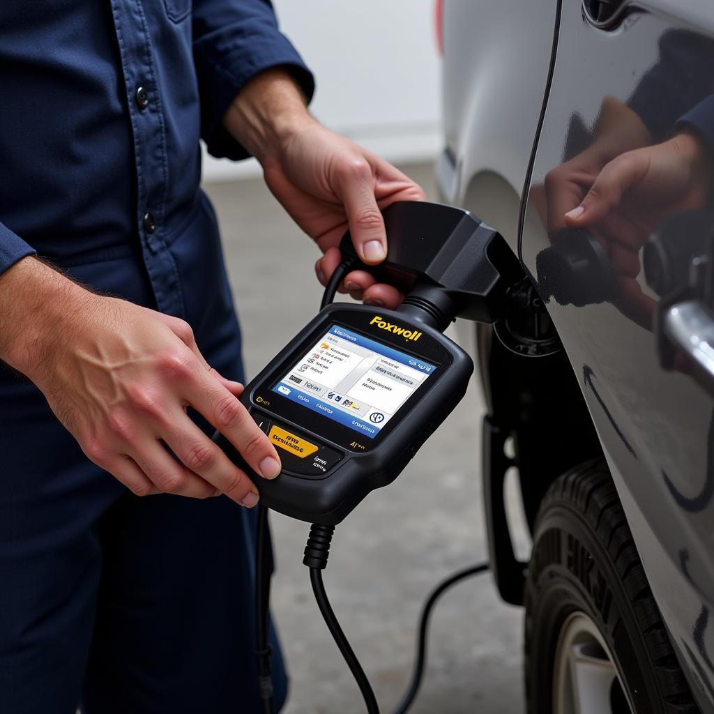 Mechanic using a Foxwell scanner on a car