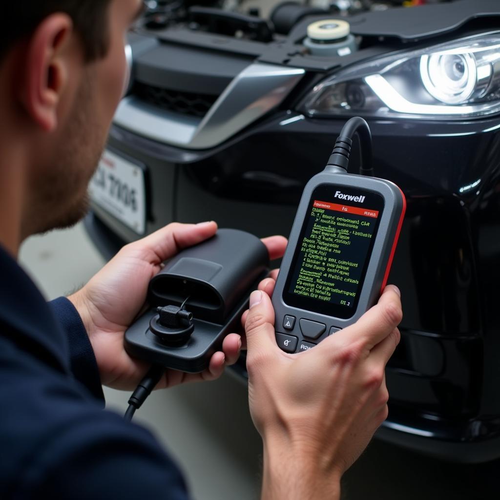 Mechanic using a Foxwell scanner to diagnose a car.