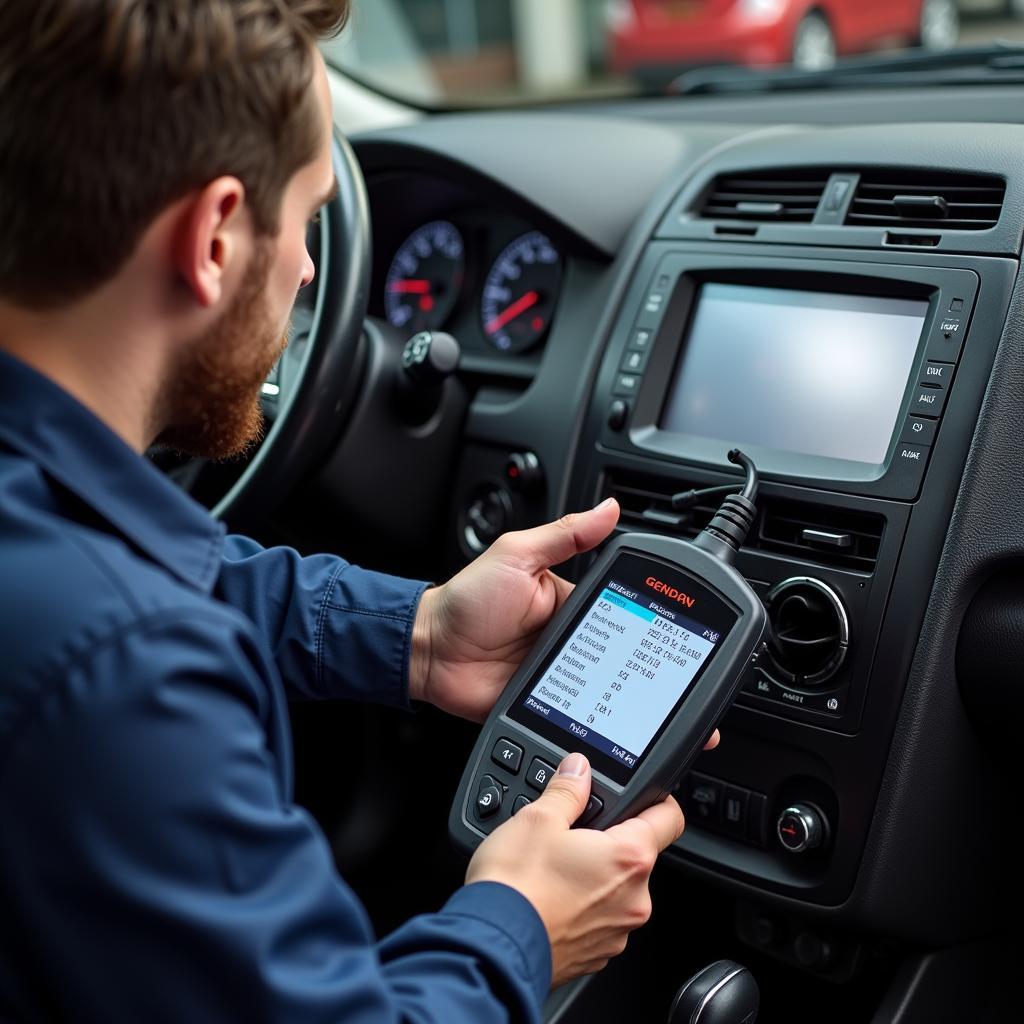 Mechanic using a Gendan Foxwell scanner