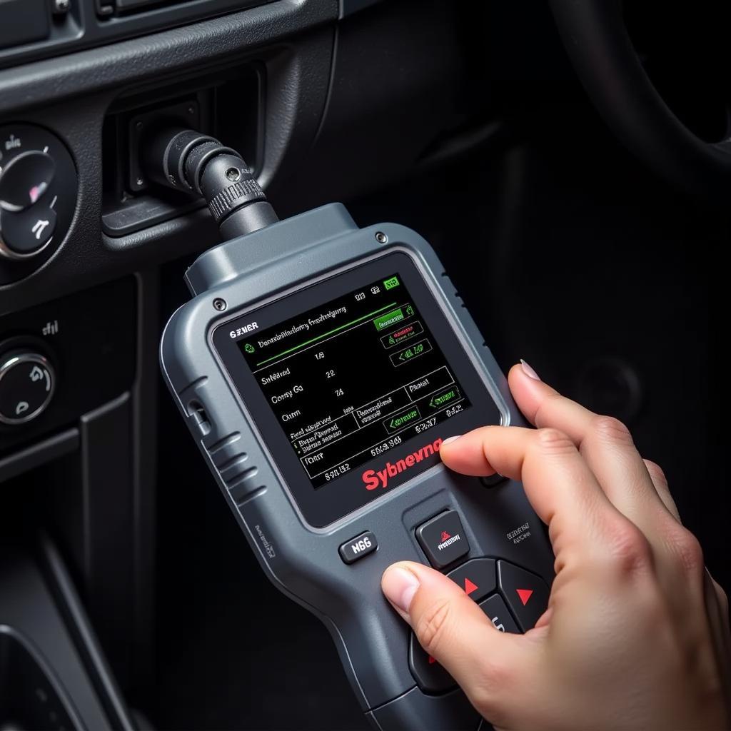 Hardware diagnostic tool connected to the OBD port of a car