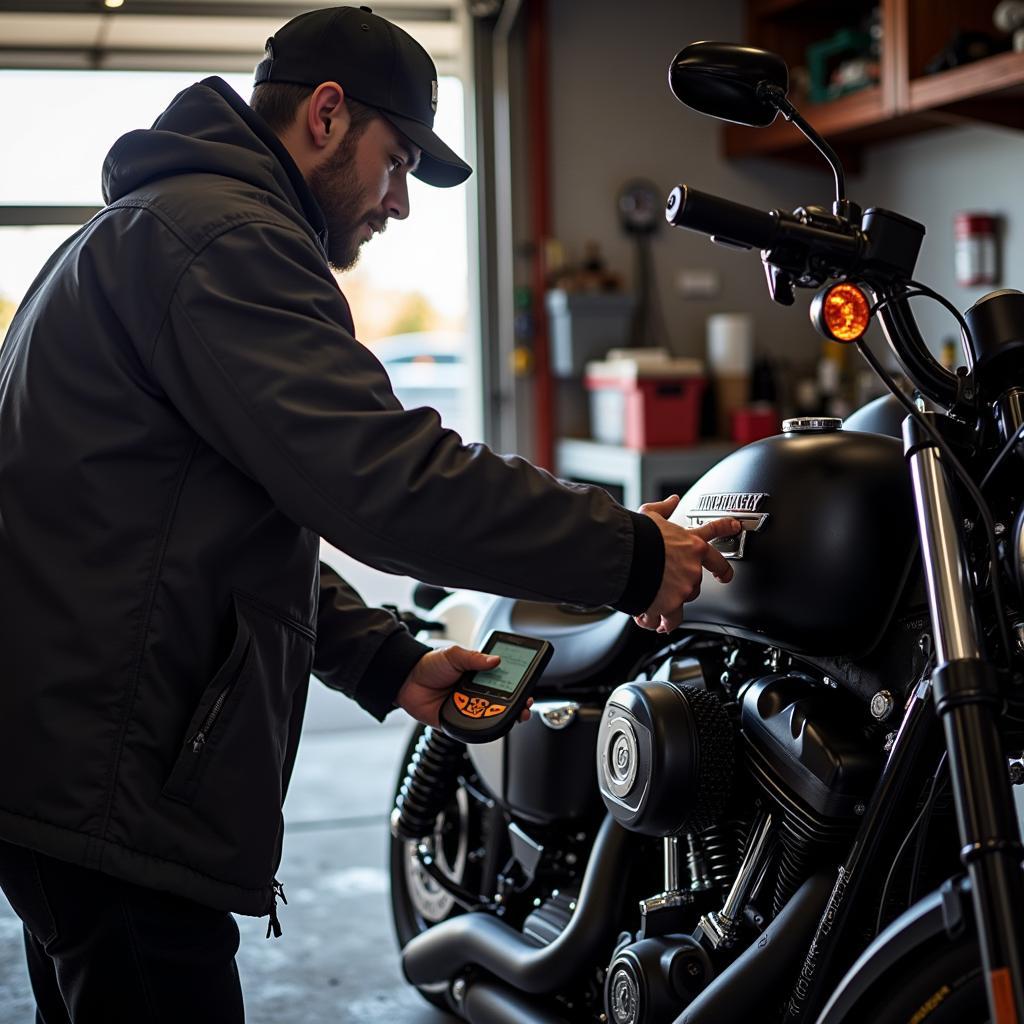 Motorcycle owner using a diagnostic tool in their garage