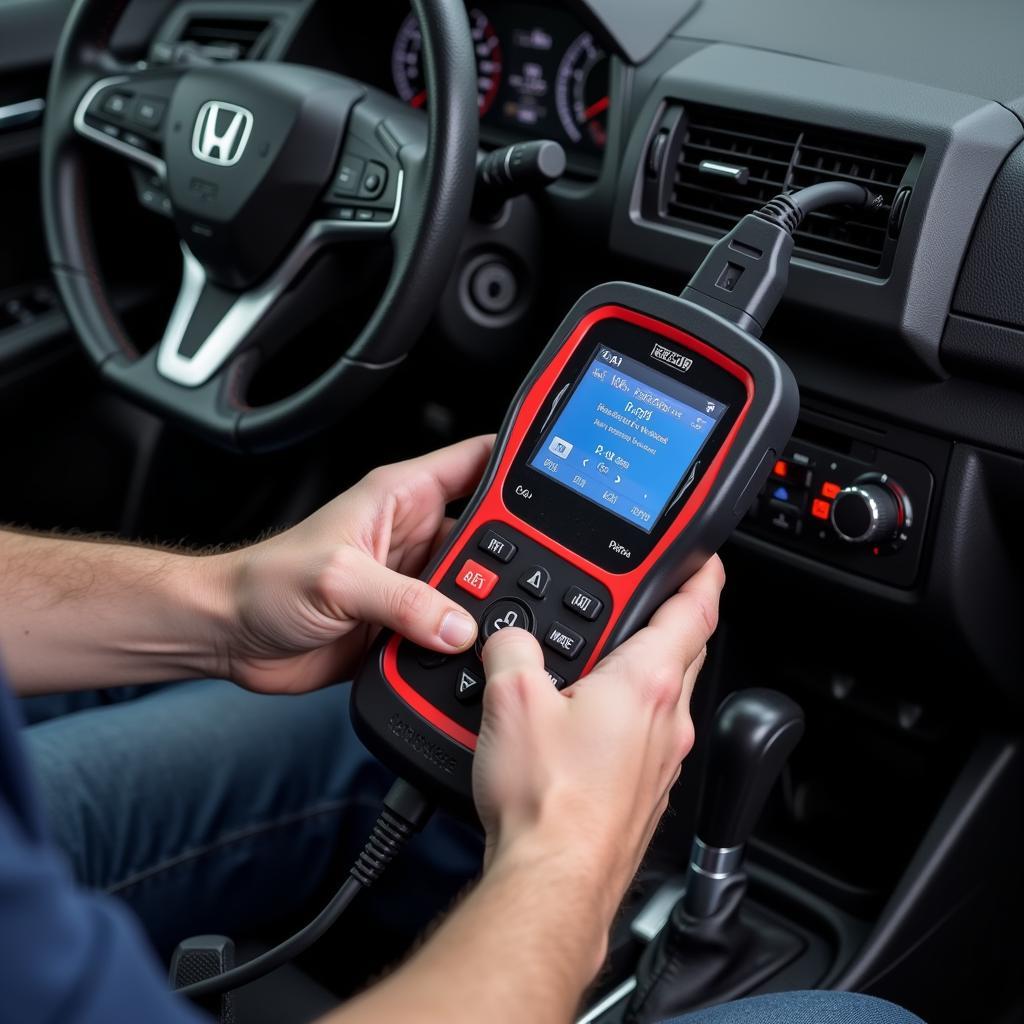 Mechanic using a Honda diagnostic tool