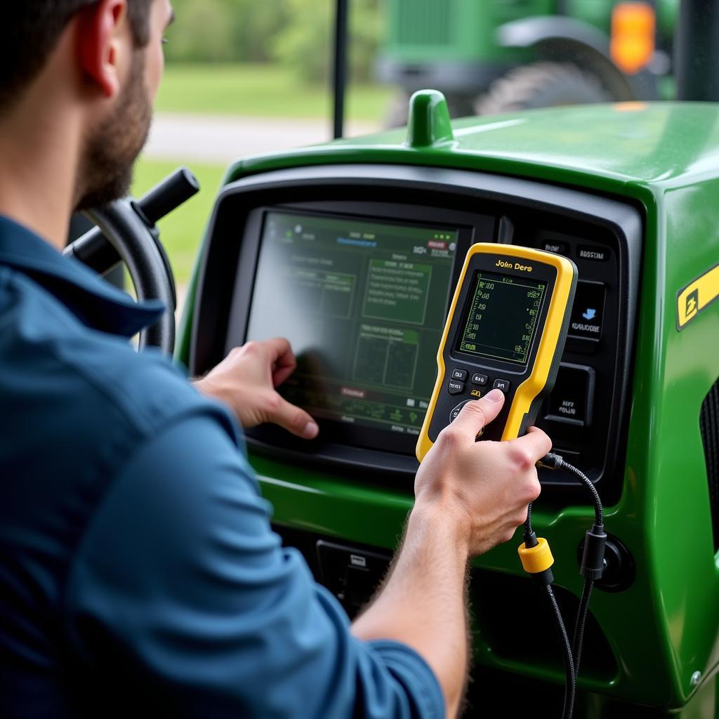 Technician using a John Deere diagnostic scan tool on a tractor