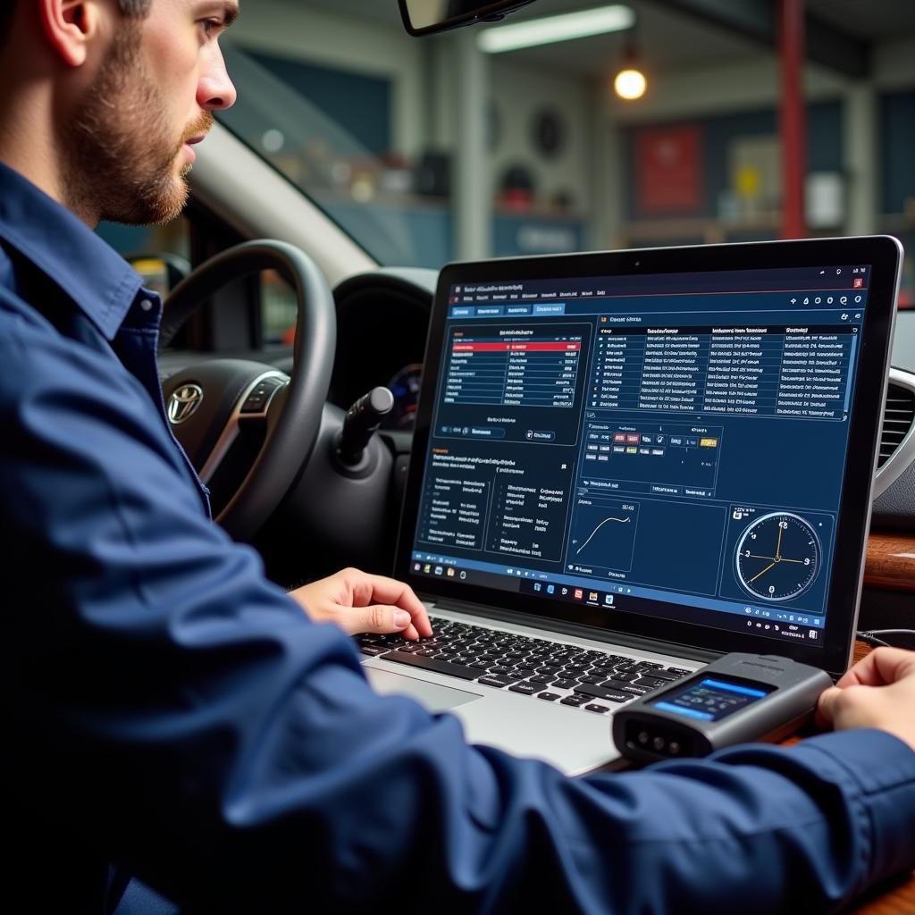 Technician using a laptop computer diagnostic tool connected to a car's OBD-II port