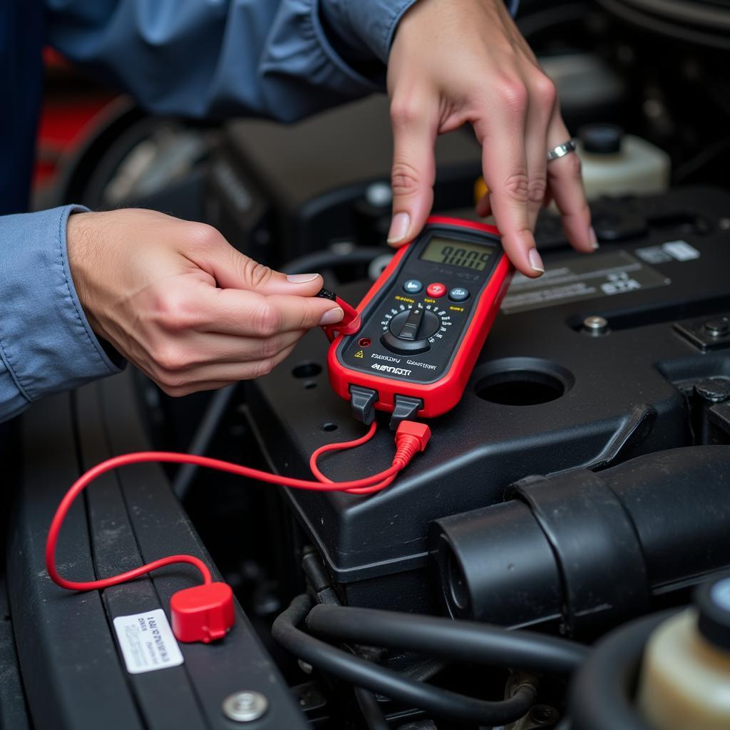 Mechanic Testing Car Battery with Multimeter