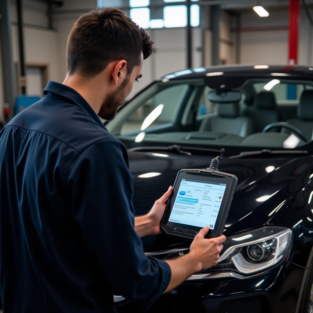 Mechanic using a scan tool to diagnose a car problem in a repair shop