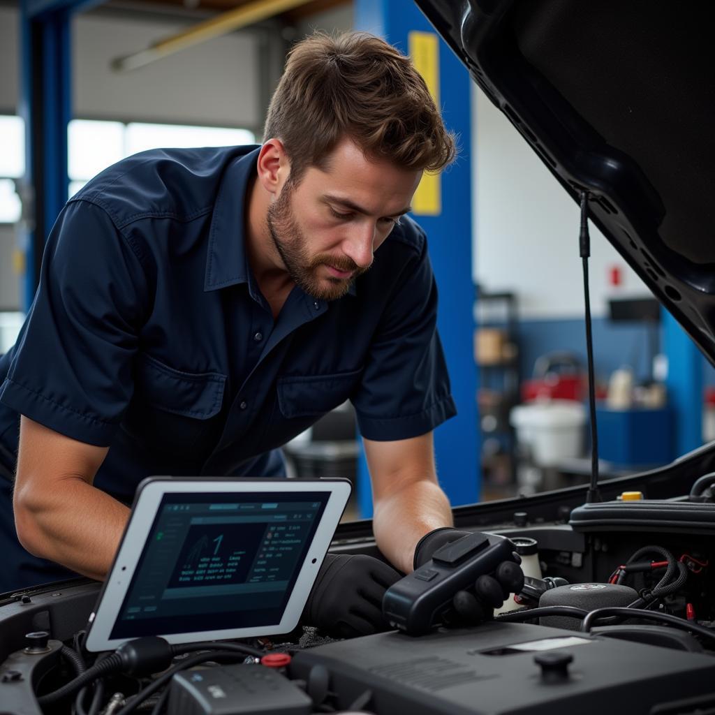 Mechanic diagnosing car with Bluetooth scanner