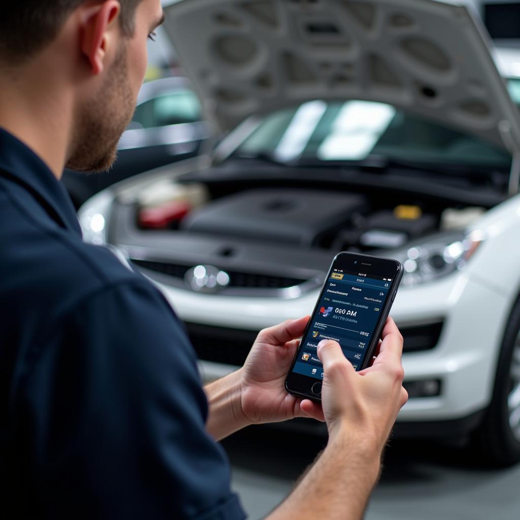 Mechanic using a car diagnostic scan tool app on a smartphone