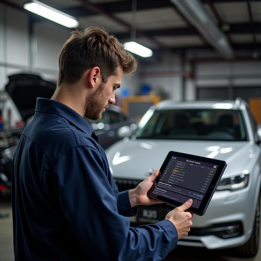 Mechanic Using Car WiFi Scanner in Garage