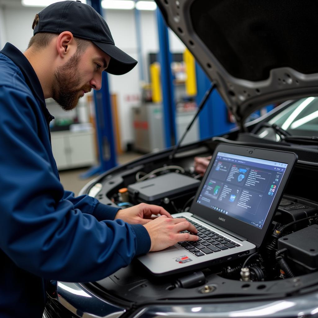 Mechanic using a laptop with diagnostic software connected to a car