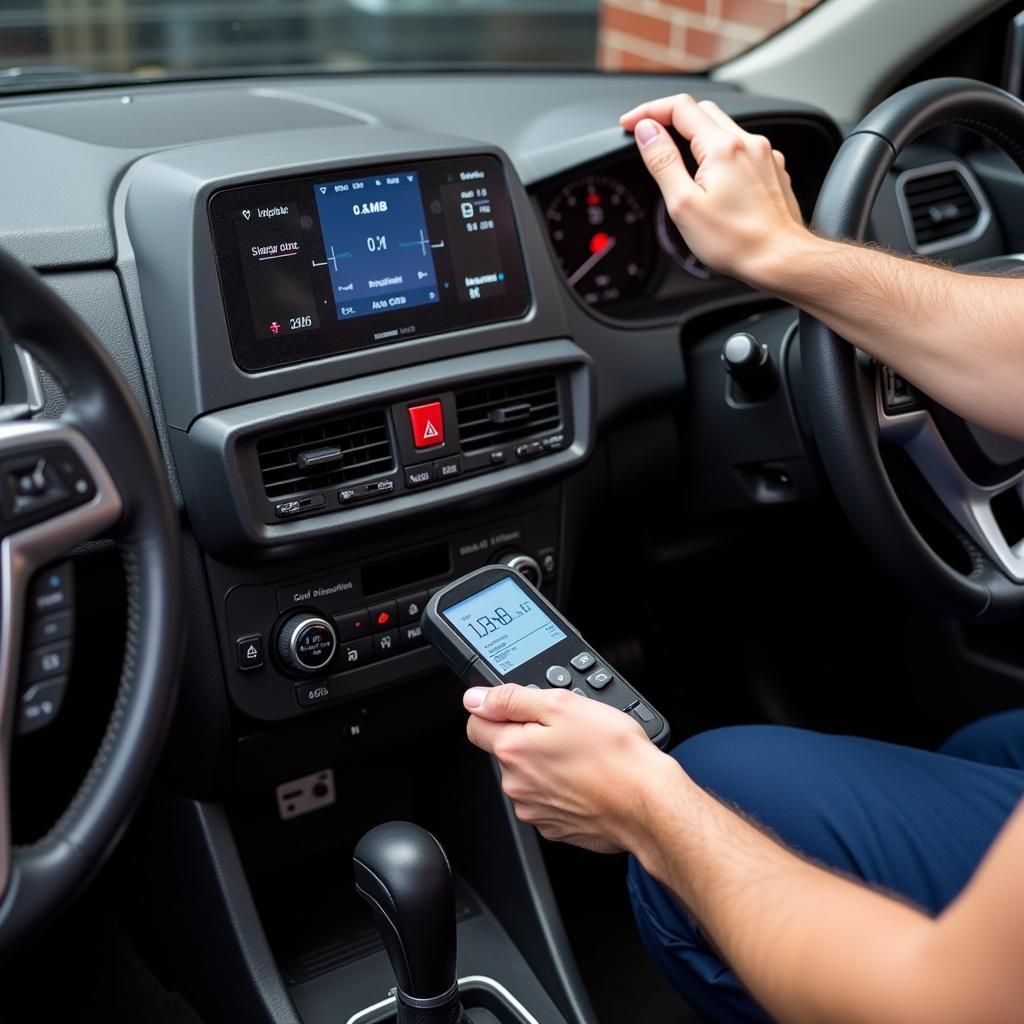 Mechanic Using an HVAC Scanner to Diagnose a Car's AC System