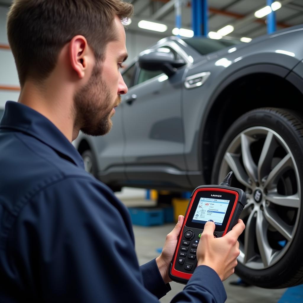 Mechanic Using Launch X431 Creader VIII CRP129 for Diagnostics