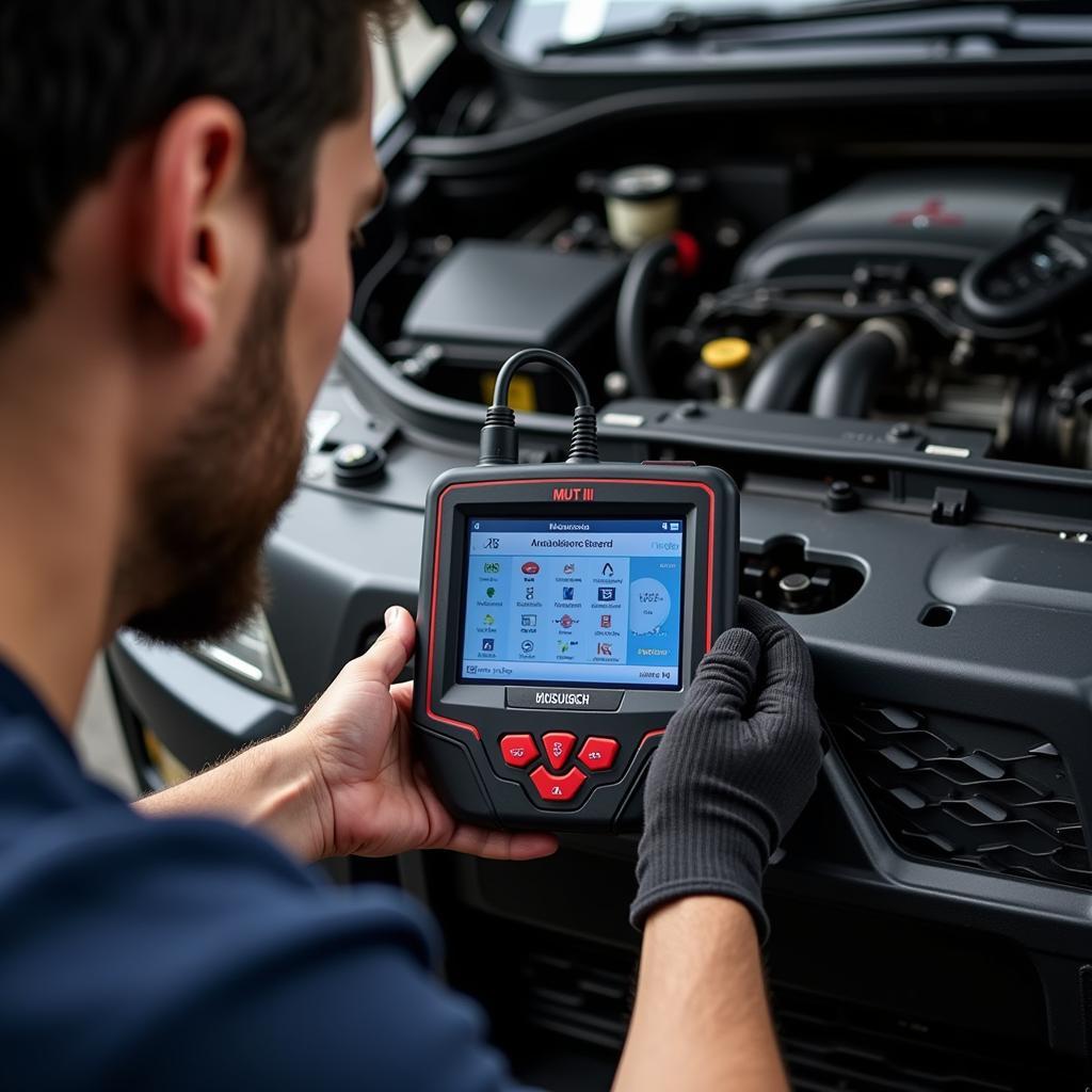 A mechanic using the MUT III tool to diagnose car problems