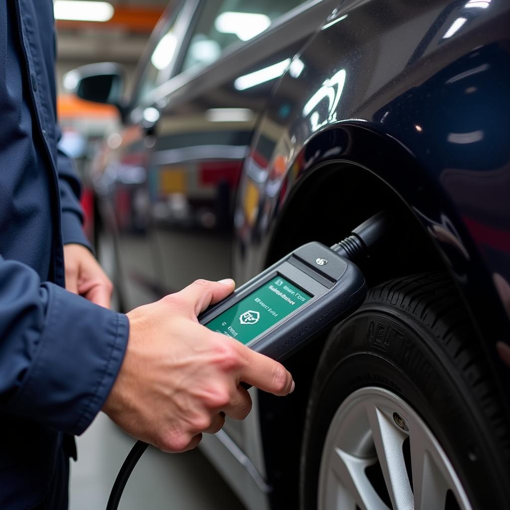 Mechanic Using OBD-II Scanner on Vehicle