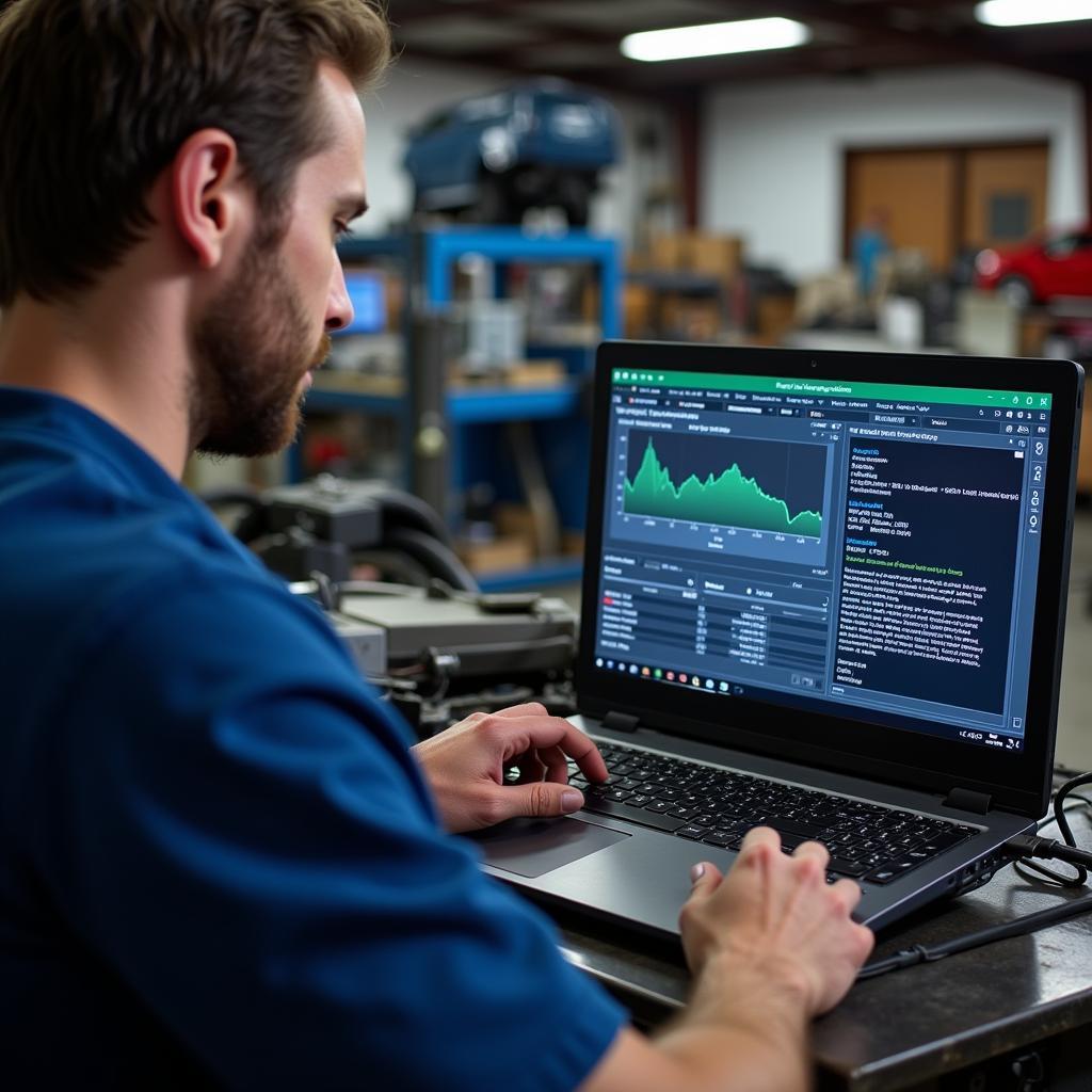 Mechanic Using Online Hardware Diagnostic Tool in Auto Repair Workshop