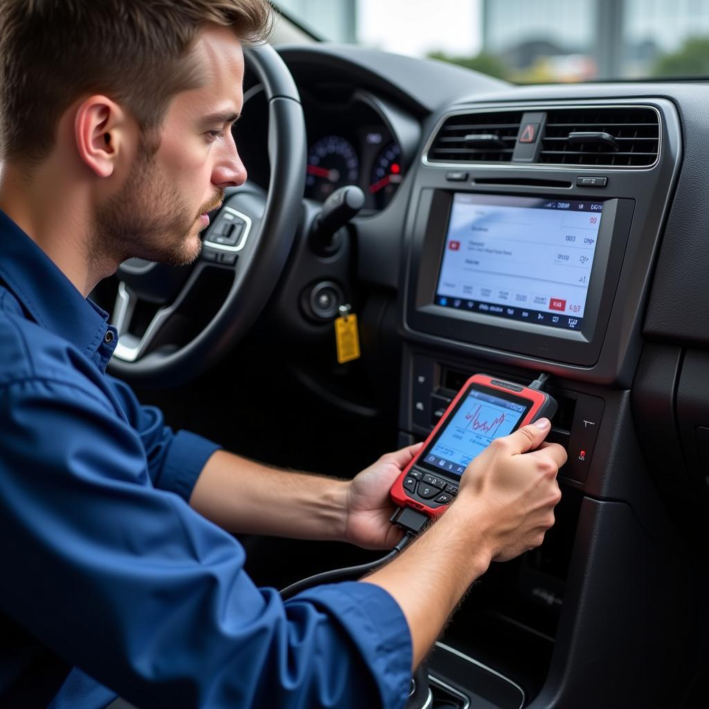 Mechanic Using Performance Tool Can OBD2 Scan Tool to Diagnose Car Problem