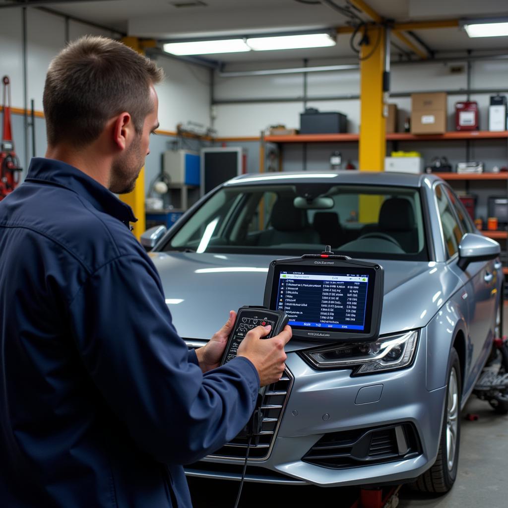 Mechanic using a professional scan tool on Audi