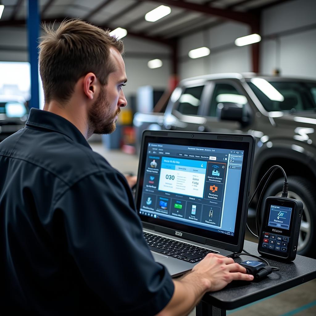 Mechanic Using Scan Tool Hardware PC in Garage