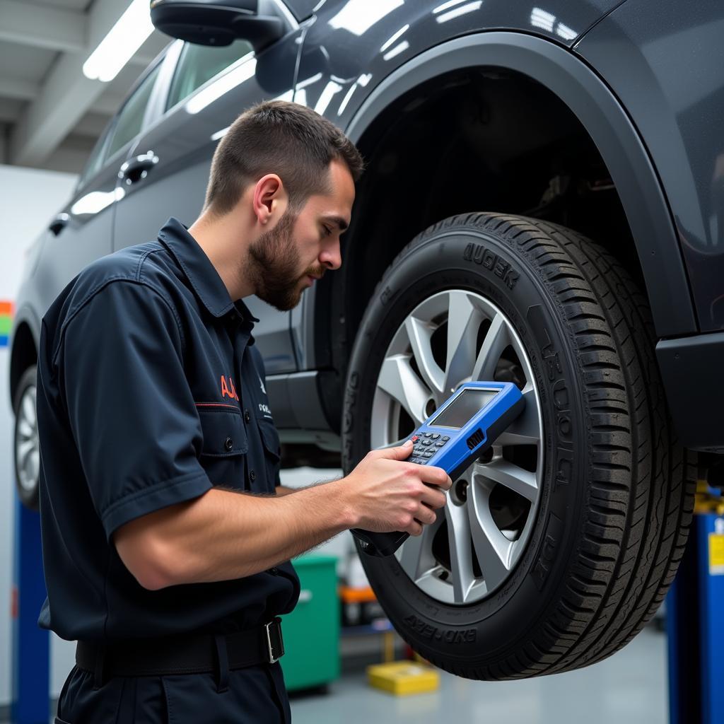 A Mechanic Using a Scan Tool on a Car in a Garage