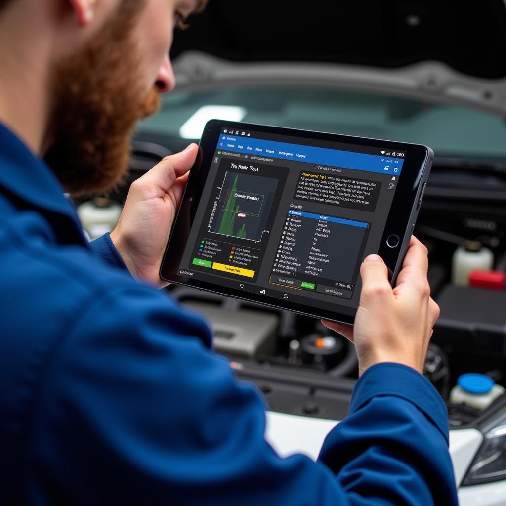 Mechanic Performing Diagnostics with Free Scan Tool on Tablet