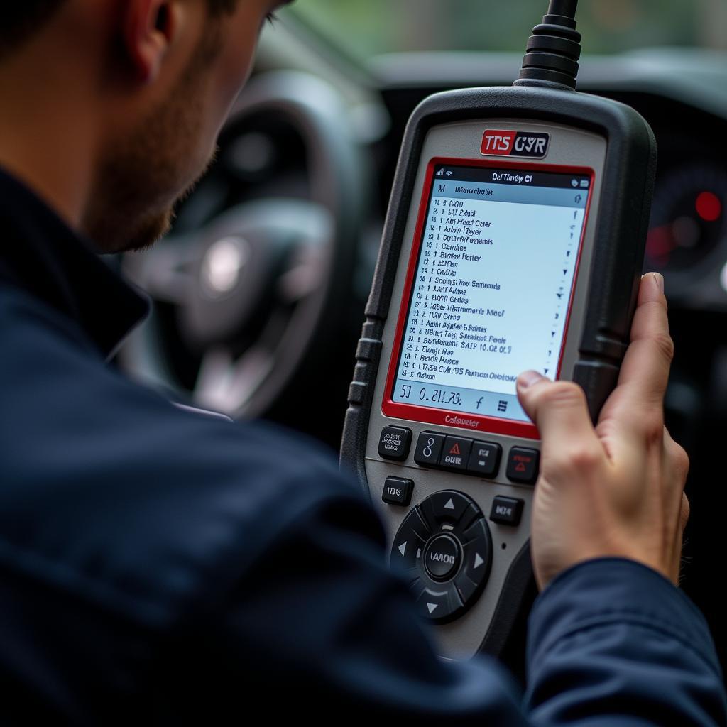 Mechanic Diagnosing Car Trouble Codes with TSC Tool