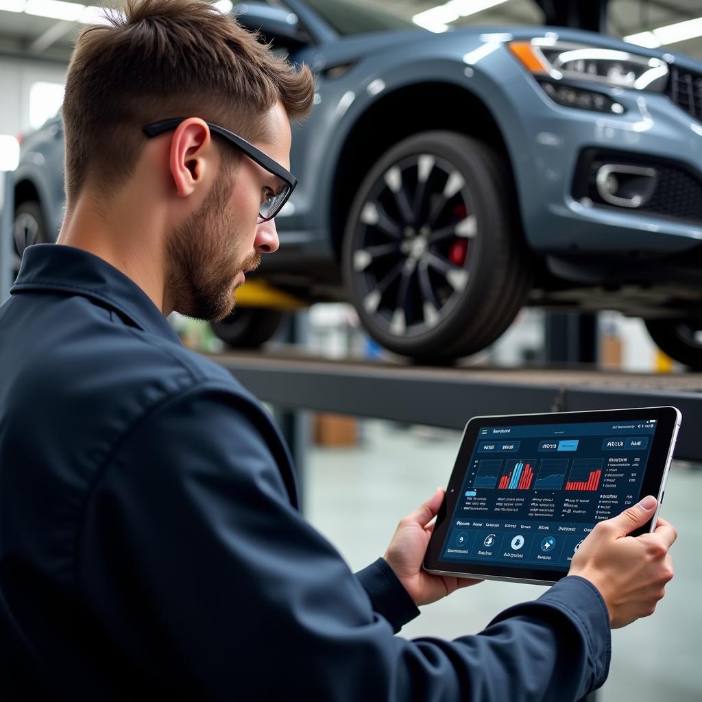 Mechanic Using a WiFi Diagnostics Tool on a Tablet