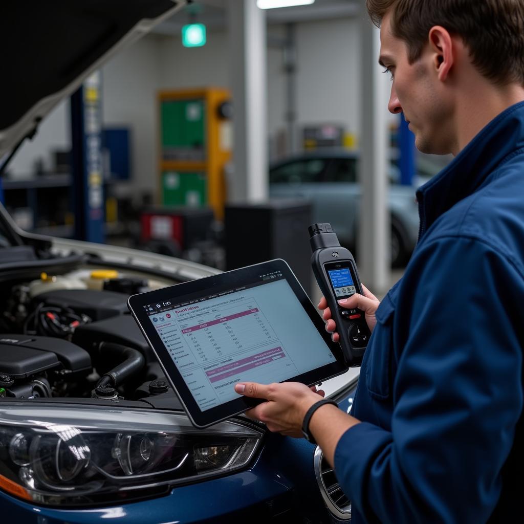 Mechanic using a wireless scanning tool to diagnose a car's engine