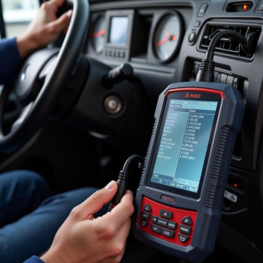 Technician using a Mitsubishi Fuso diagnostic tool to troubleshoot a truck's engine.