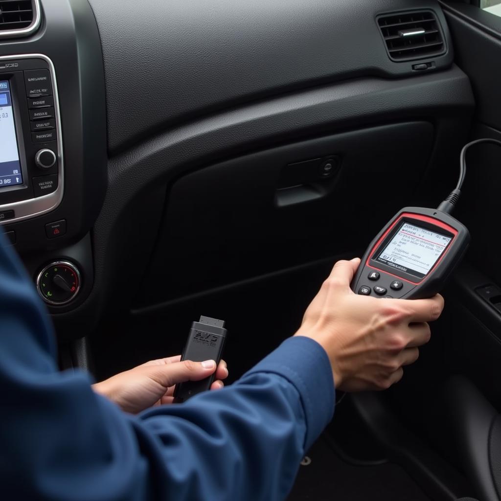 Technician Connecting a Motor Scan Tool to a Car's OBD Port