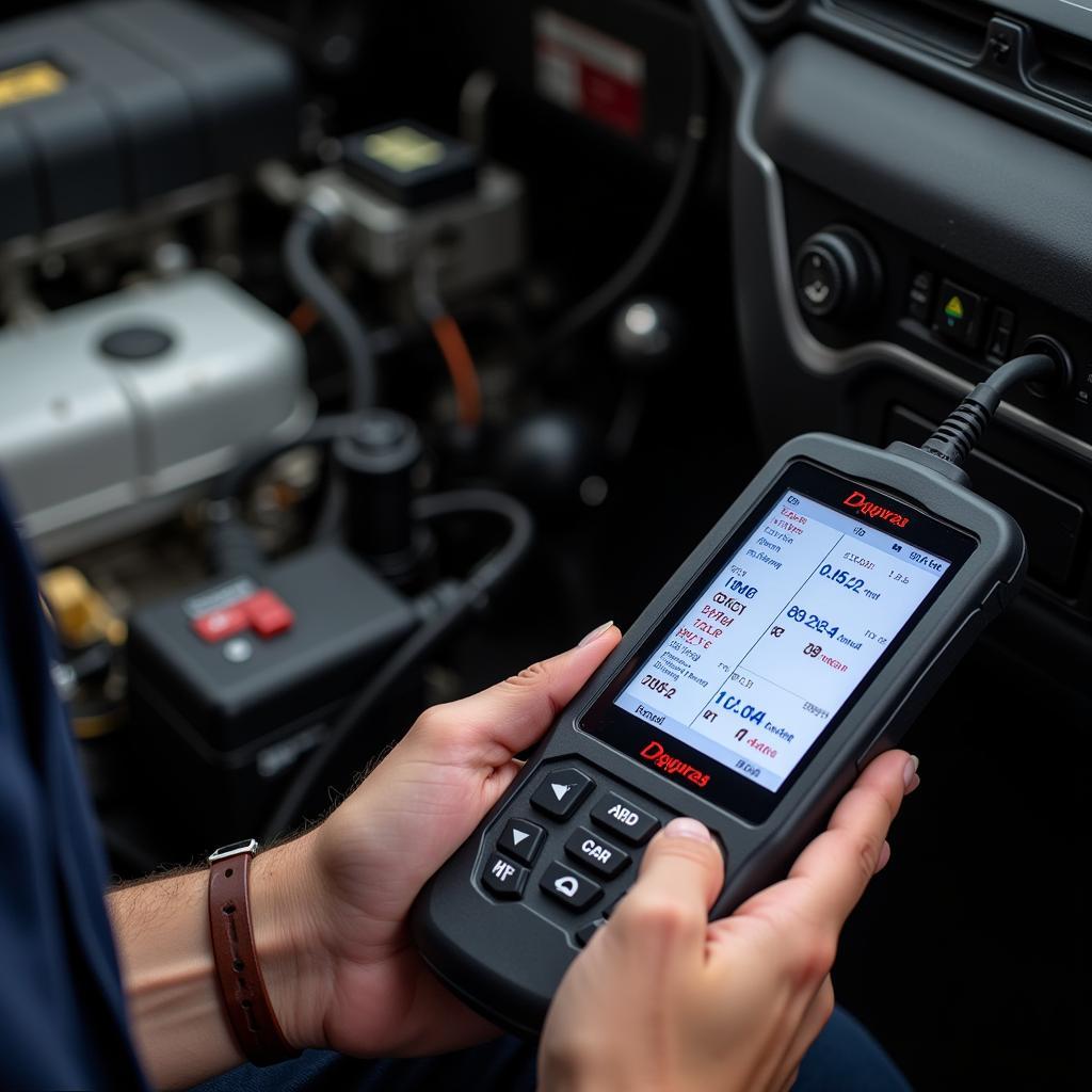 Mechanic using Nigel Foxwell scanner to diagnose car engine