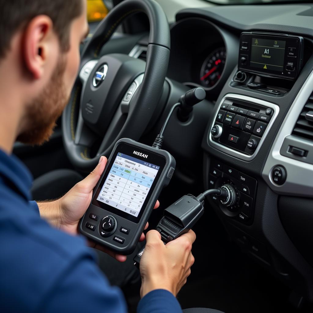 Mechanic using a Nissan factory scan tool