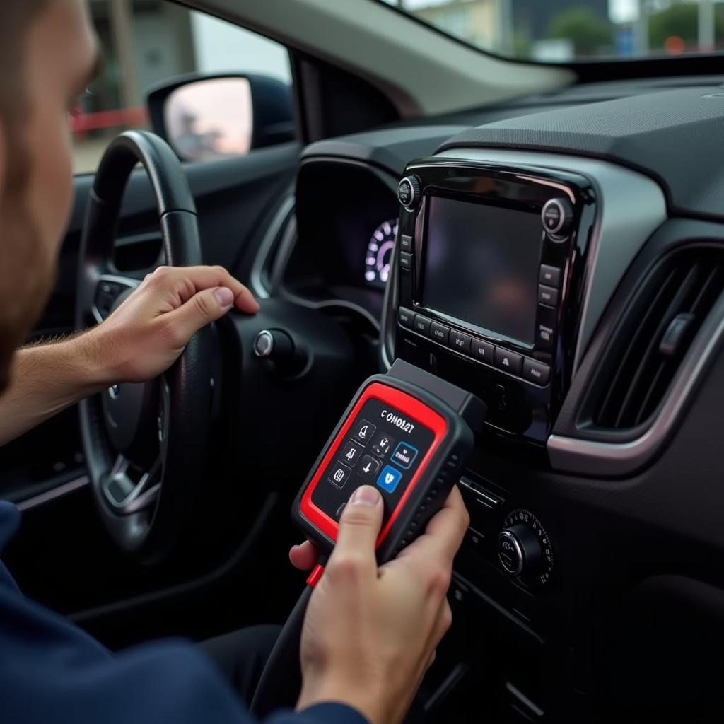 OBD2 diagnostic scan tool connected to a car