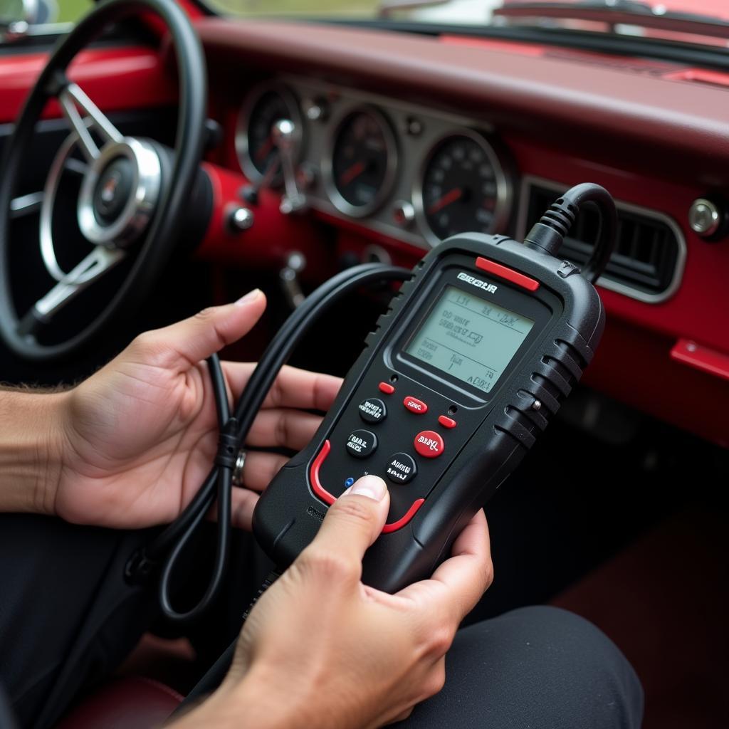 Mechanic Using an Old Behr Diagnostic Tool on a Classic Car