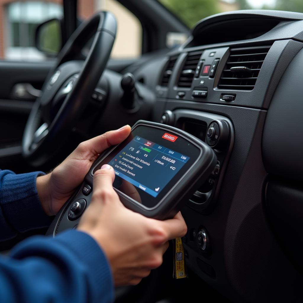 Mechanic using a popular mechanics auto scan tool to diagnose a car