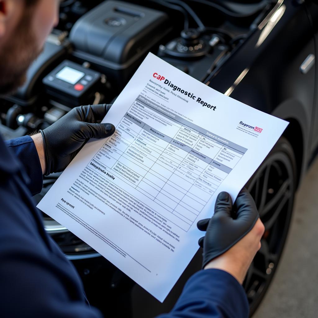 Printed car diagnostic report held by a mechanic